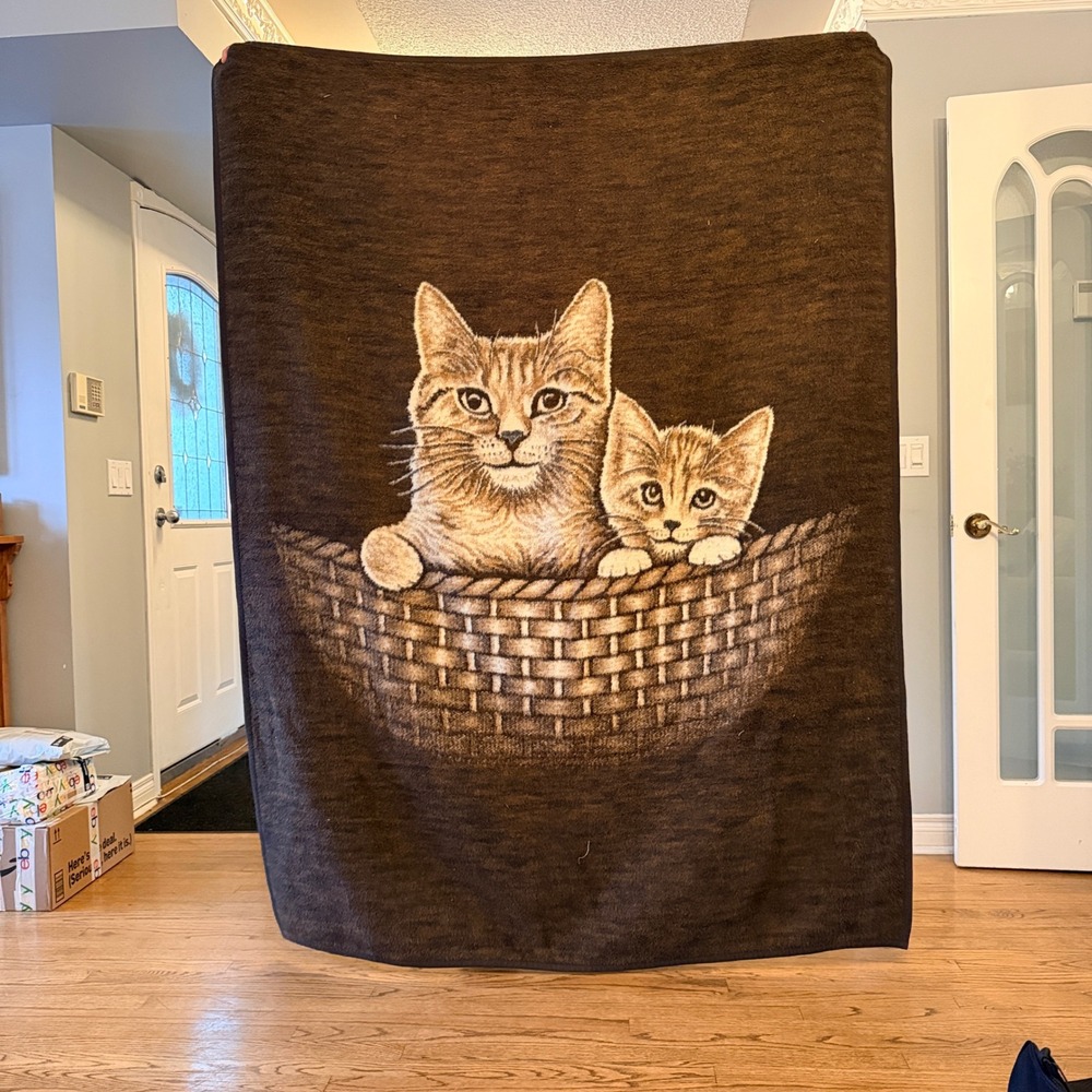 Vintage West Germany Cat Blanket Two Kittens in Basket Plush Acrylic Brown Throw